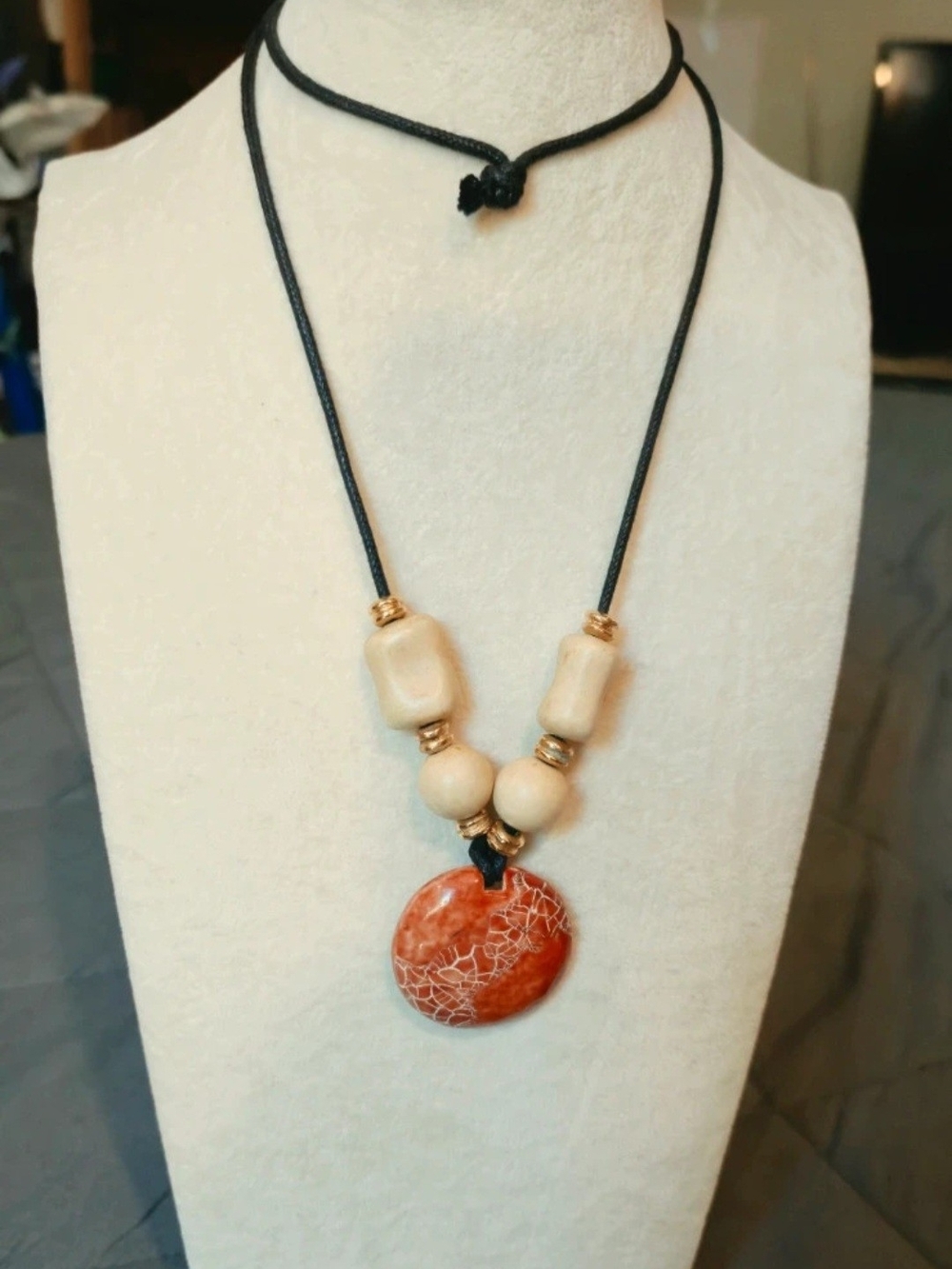 Boho Red Stone Pendant Necklace with Cream Beads